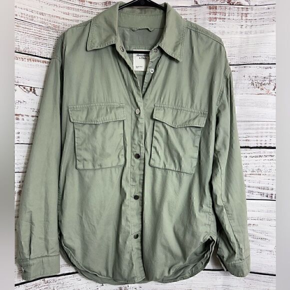 Abercrombie and Fitch shirt womens Sz Small snap front army green shacket cotton - Picture 2 of 11